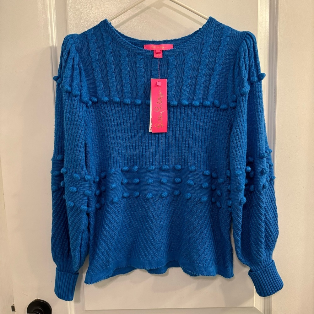 Lilly Pulitzer Kippa Sweater Blue Flare Pom Pom Small New With Tags